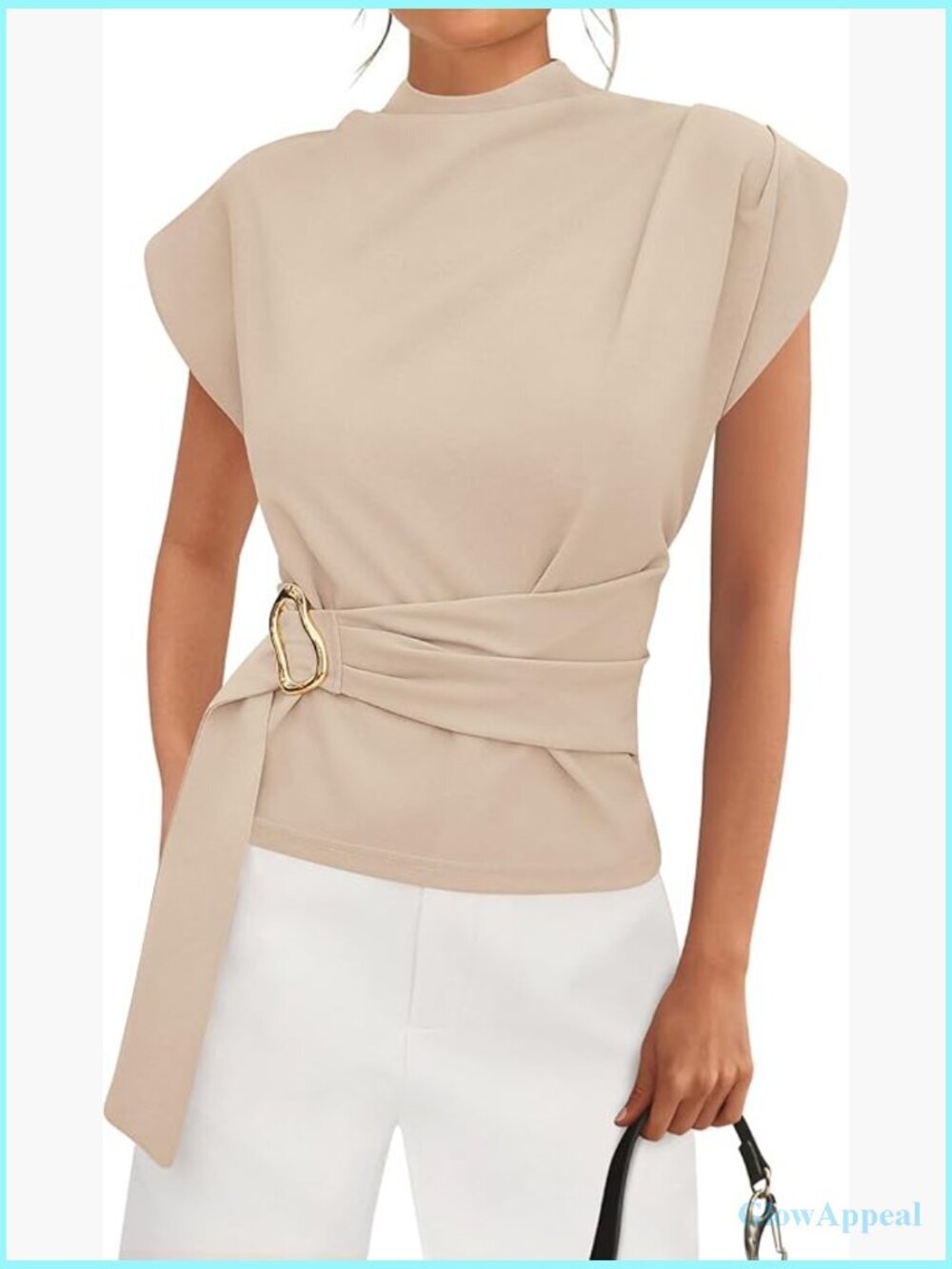 Mock Neck Cap Sleeve Tunic Blouse with Gold Buckle Front